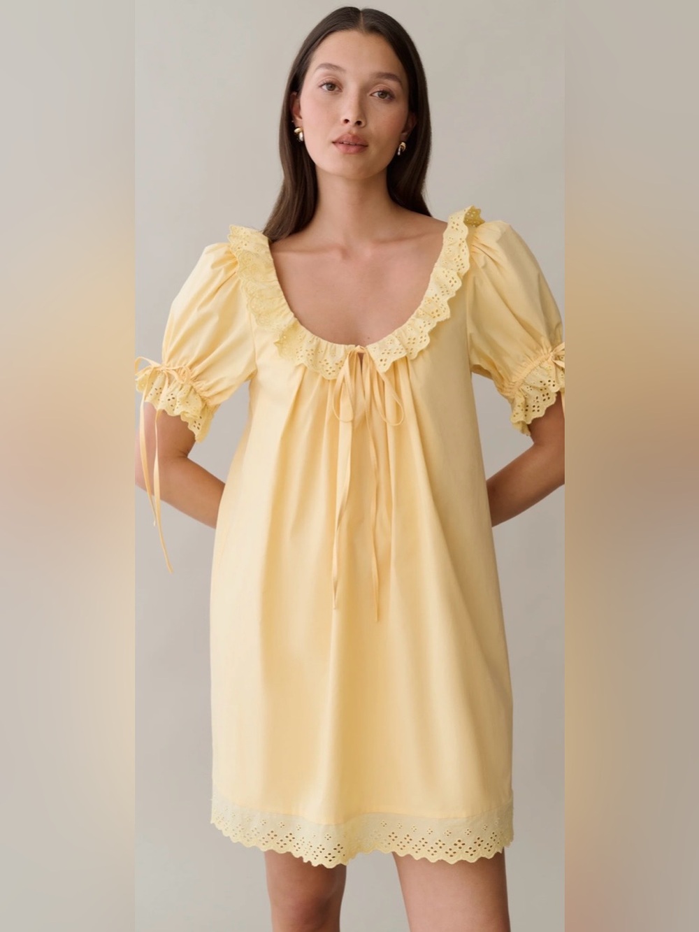 Yellow Eyelet-Trim Mini Dress